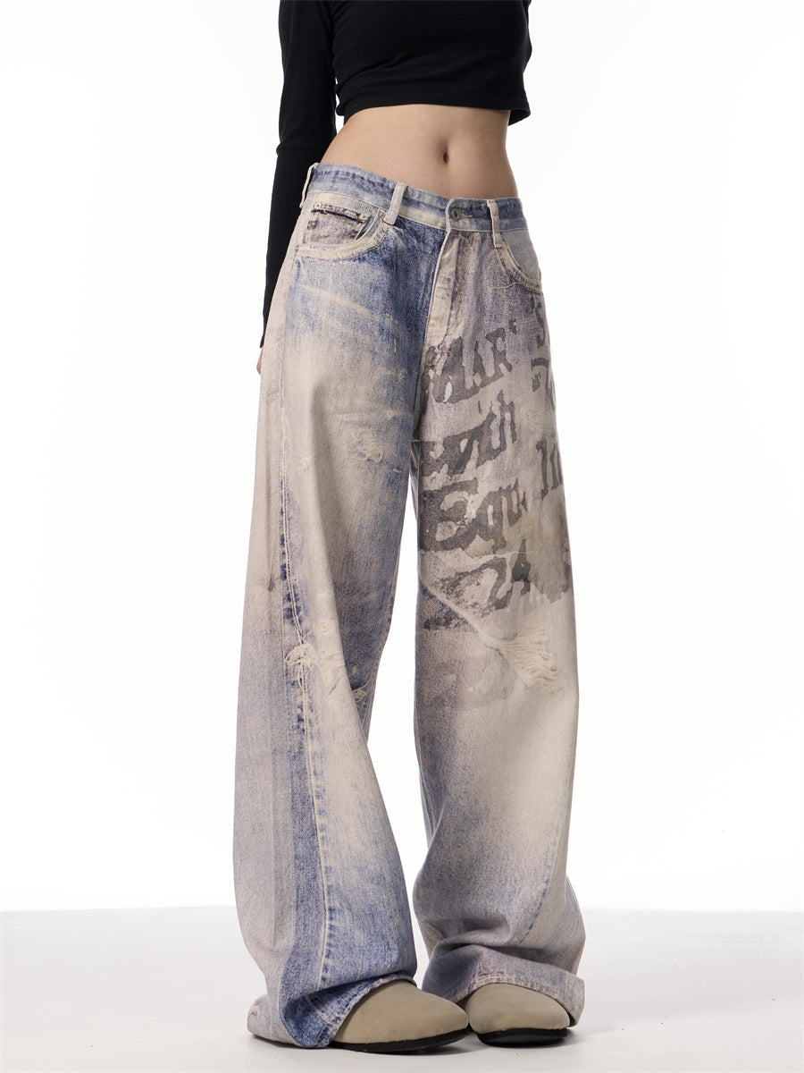 Printing Gradient Letter Printed Jeans Long Pants 3D
