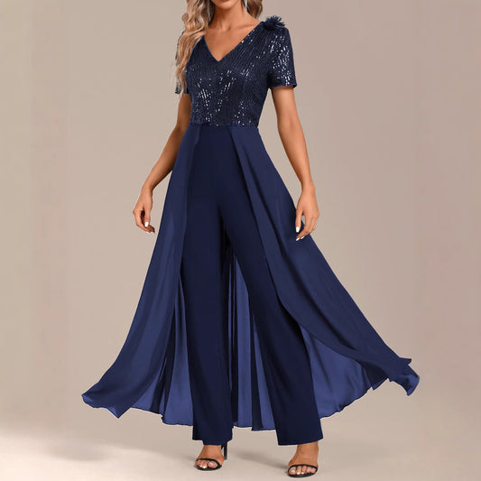 Ensfarvet chiffon-jumpsuit til kvinder med pailletdetaljer