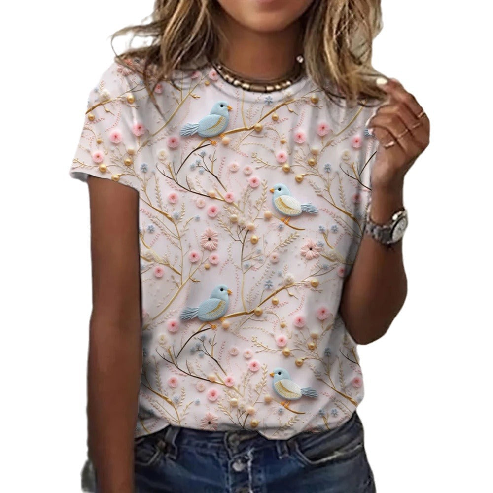 Floral Print Women's T-shirt Short Sleeve Casual Round Neck T-shirt Summer Ladies