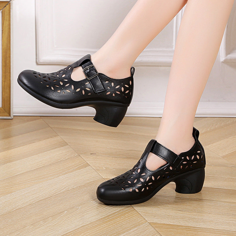 High Heel Retro Hollow Sandals Spring And Summer New Round Toe Buckle Mom Shoes