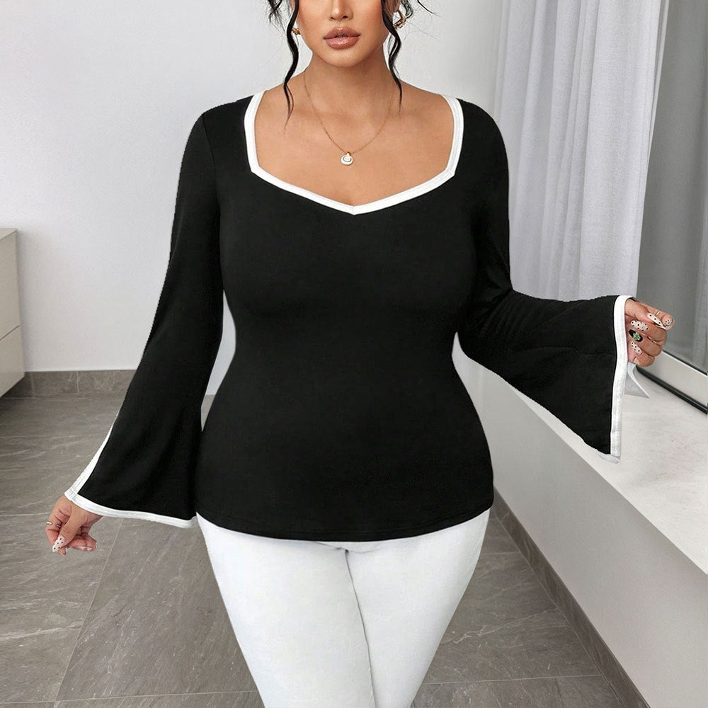 Black Socialite Style Square-neck Flared Sleeve Slimming Top