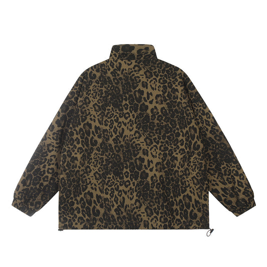 Men's Loose Casual Stand Collar Leopard Print Denim Jacket
