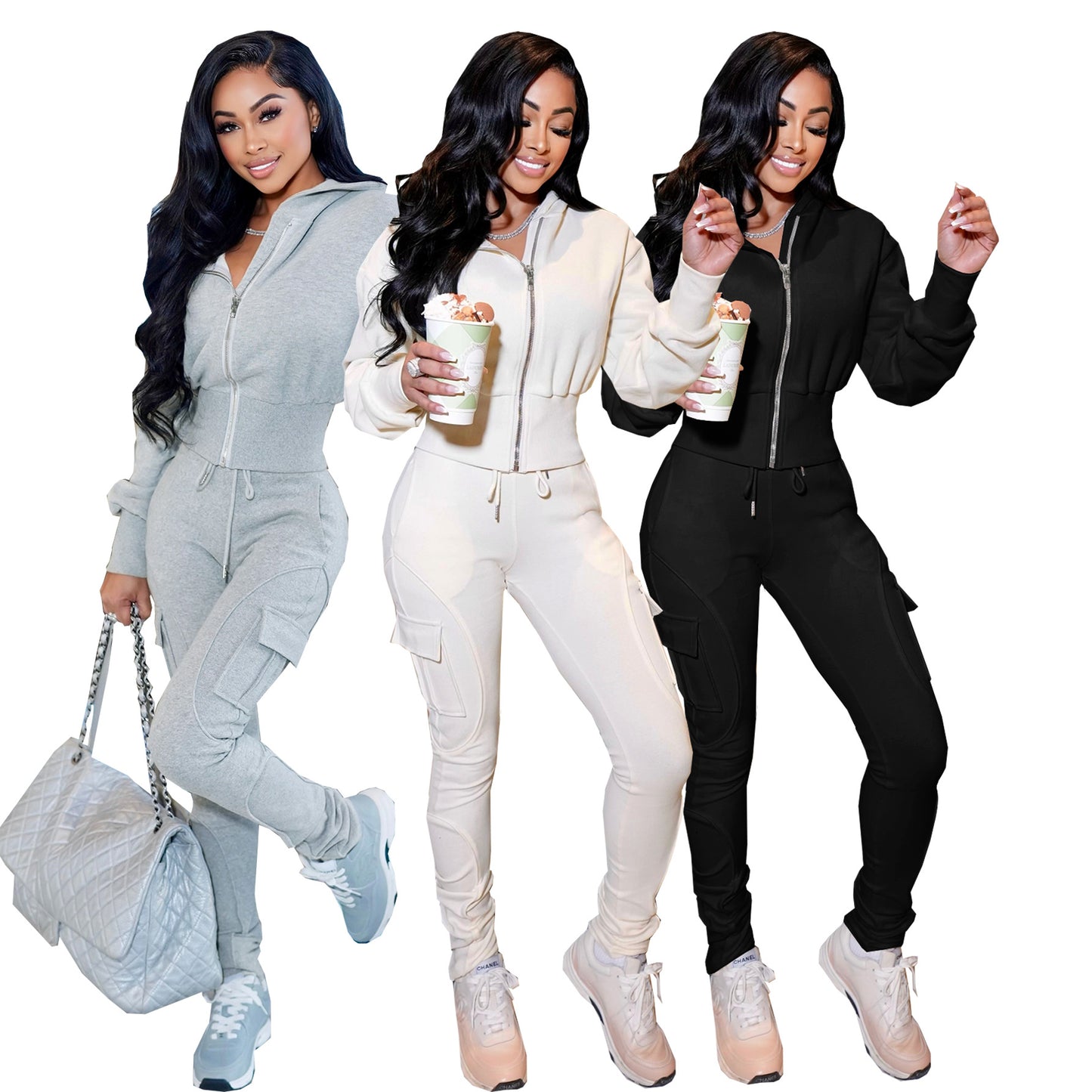 Casual Sporty Multi-pocket Cargo Pants Hooded Zip-up Sweatshirt Set