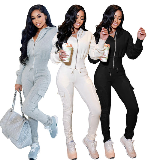 Casual Sporty Multi-pocket Cargo Pants Hooded Zip-up Sweatshirt Set