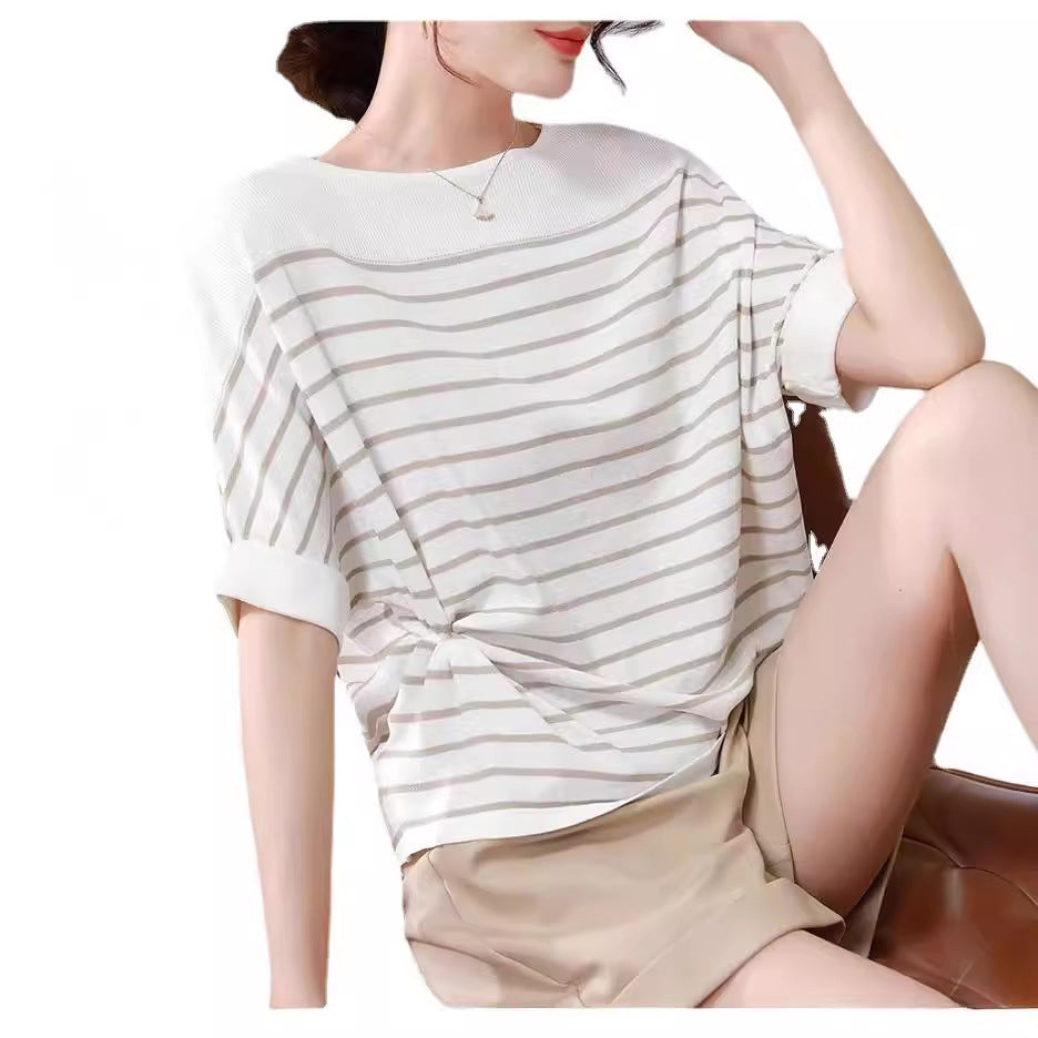 Women's Off-neck Ice Silk Short Sleeve Knitwear All-match Loose Striped Top