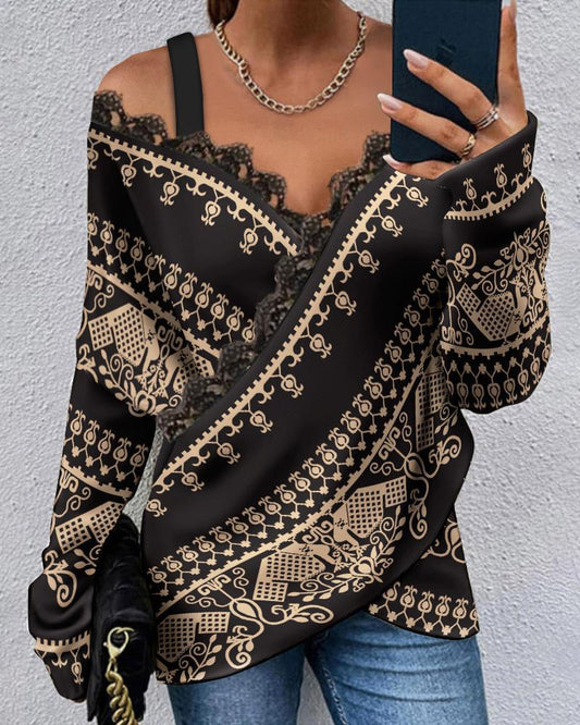 Lace Stitching Printed Long-sleeved Top
