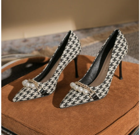 High Heels Women's Pointed All-match Metal Chain Shallow Mouth Pearl Color Matching Shoes