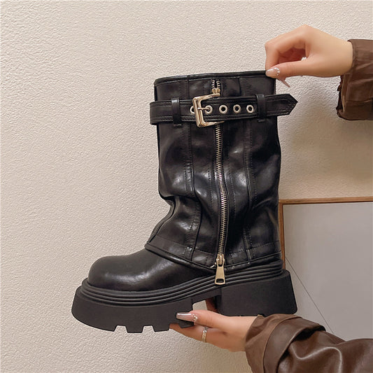 Autumn And Winter British Style Retro Denim Western Knight Boots Small Raise The Bottom Chunky Heel
