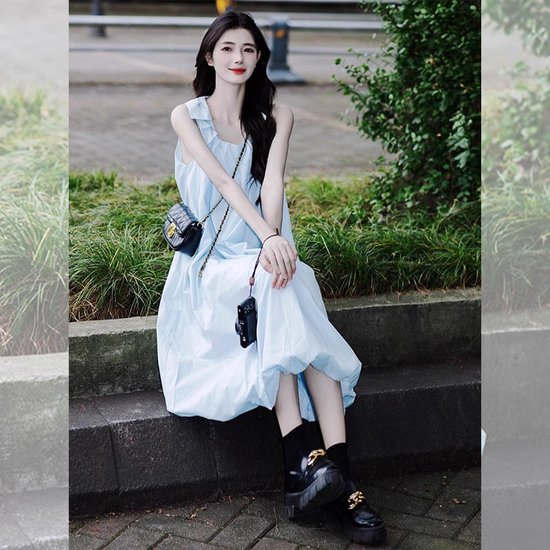 French-style Sophisticated Blue Sleeveless Slip Dress