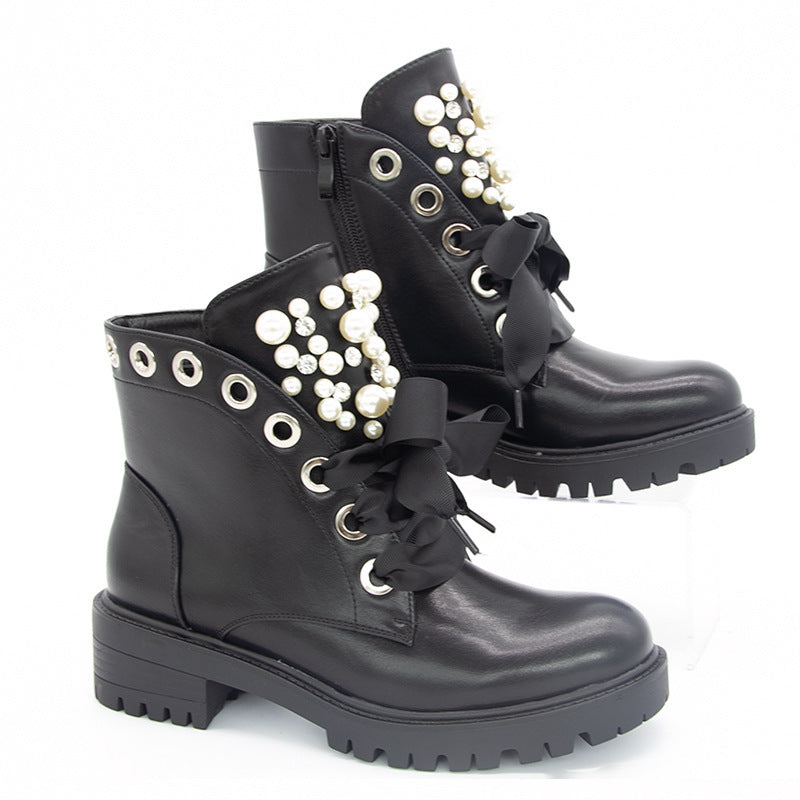 Solid Color Front Lace-up Pearl Mid-tube Martin Boots