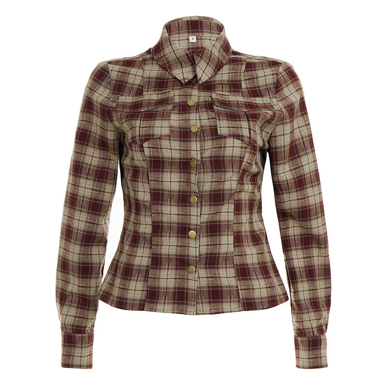 Color-contrast Check Personalized Fashion Design Pocket Long Sleeve Top