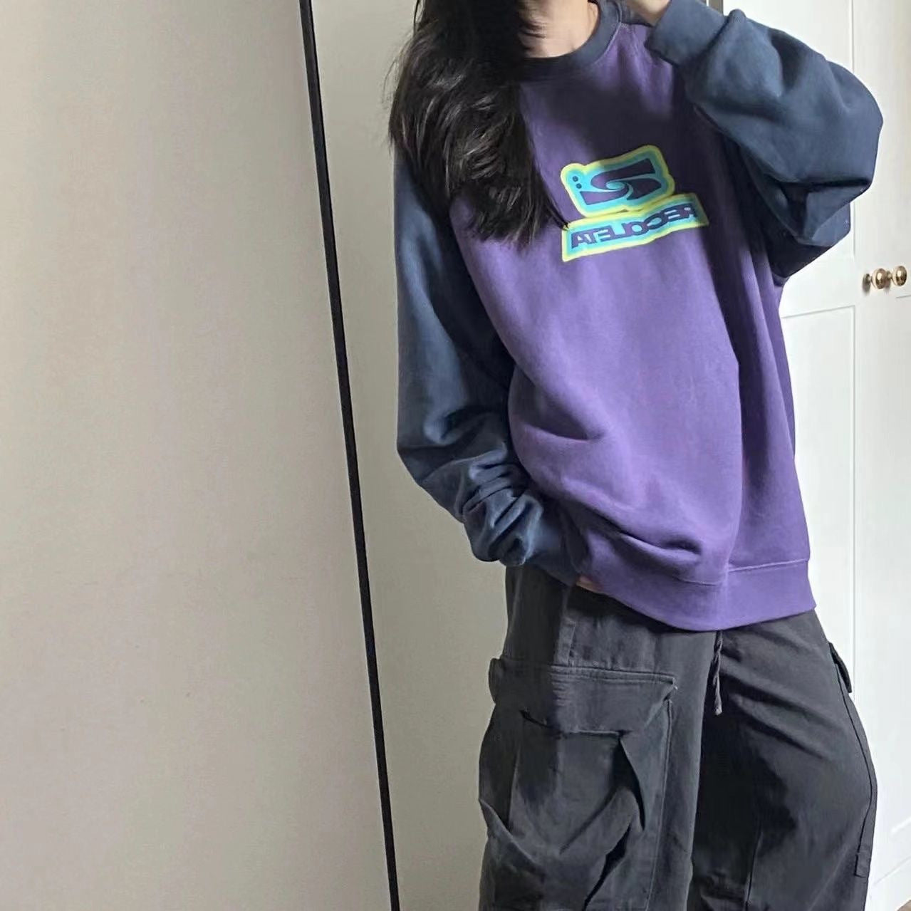 Female American Hiphop Color Contrast Patchwork Sweater Top