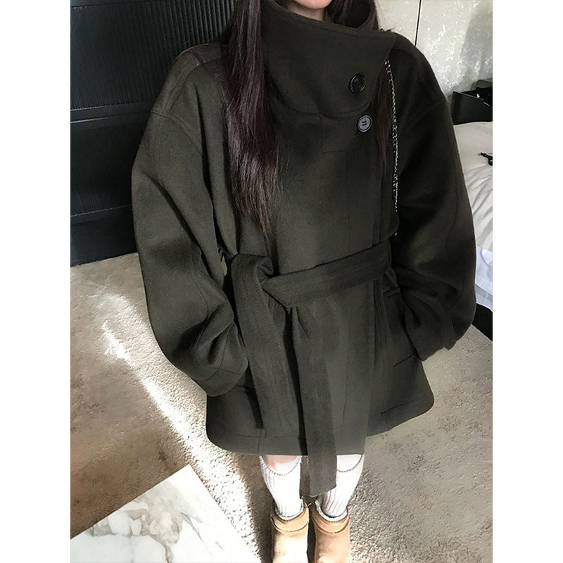 Womens Wool Coat With A Stand Collar And A Defined Waist
