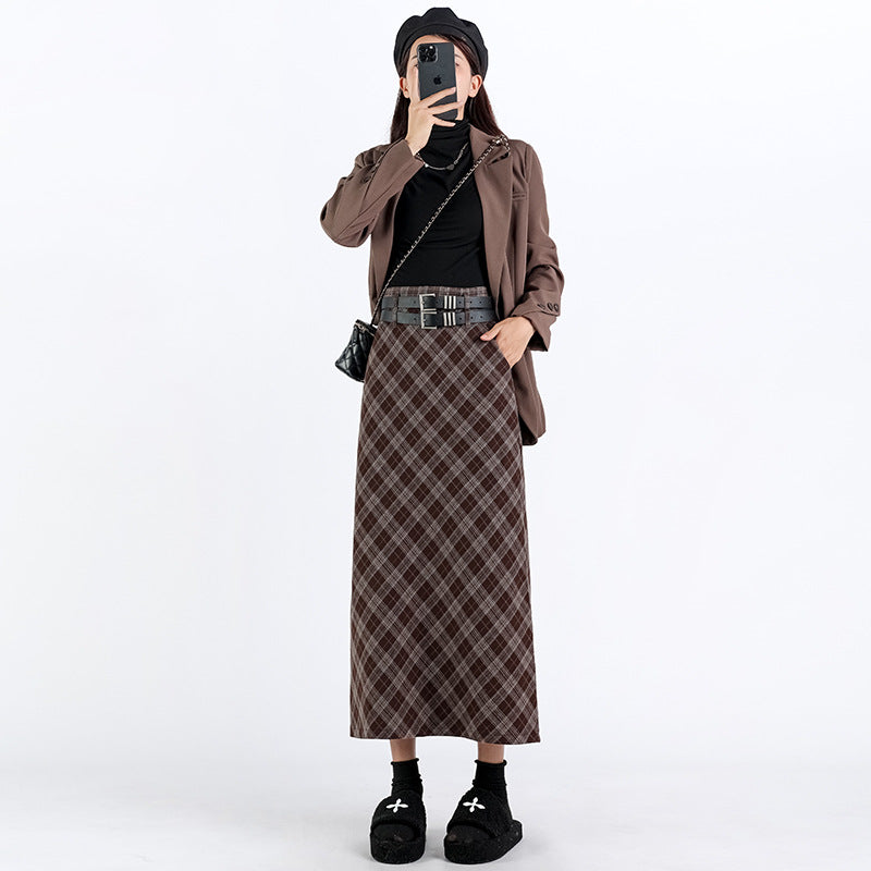 College Style High Waist Plaid Split A- Line Skirt