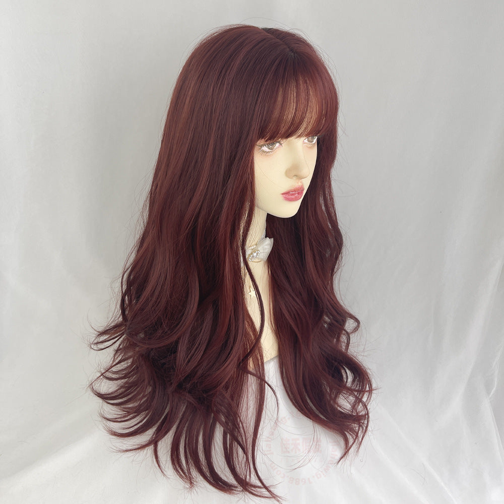 Waves Roll Korean Style Air Bangs Full-head Wig Wine Red Color Long Curly Hair Fluffy Whole Wig