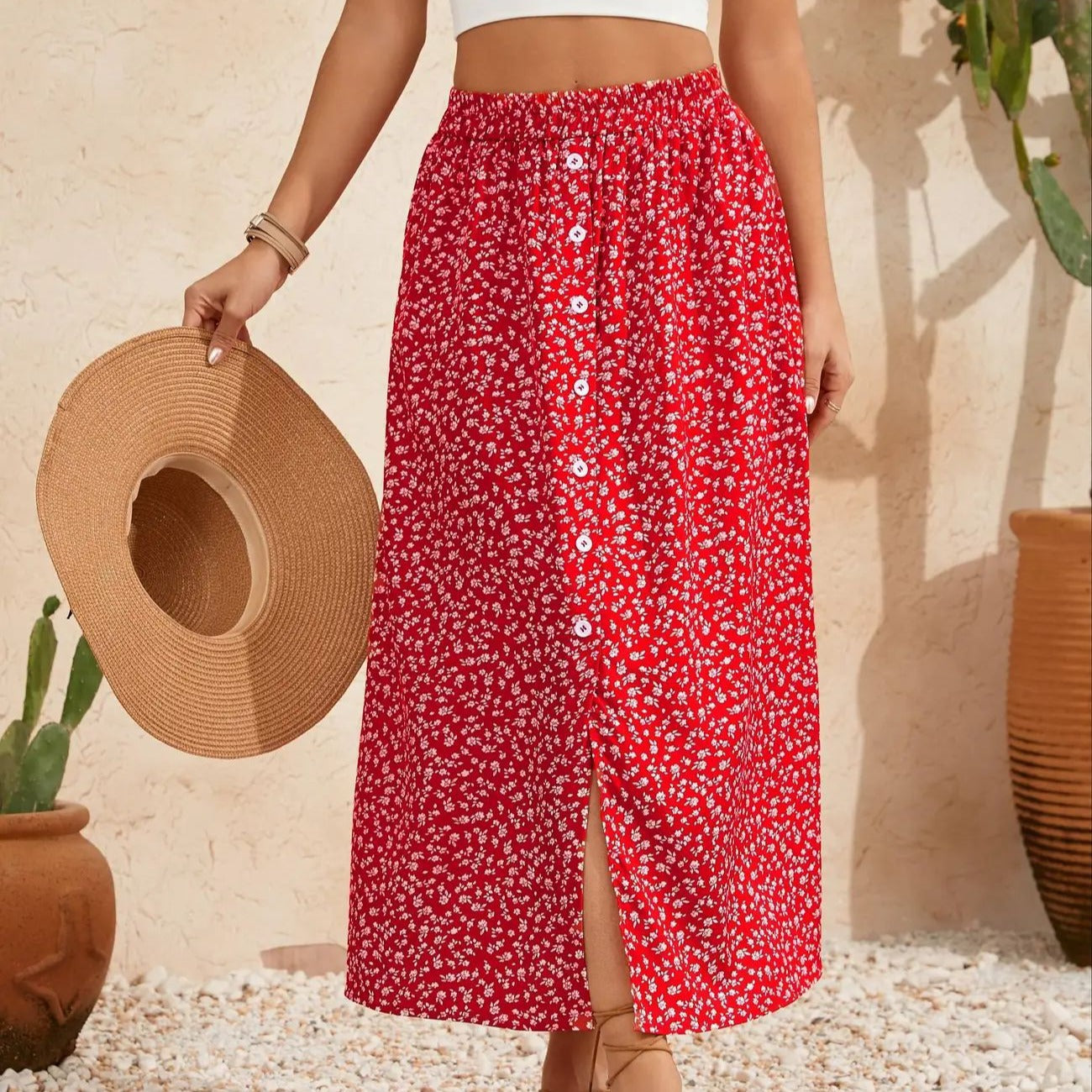 European And American Printed Breasted Self-tie Summer Pastoral A- Line Skirt Advanced Skirt