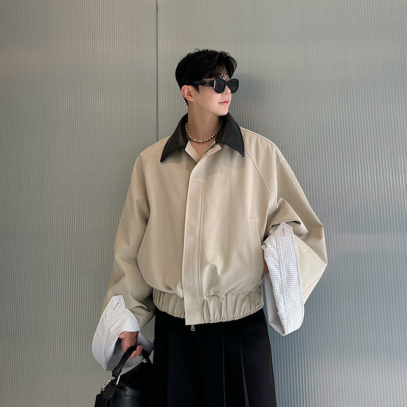 Pure Cotton Collar With Color-blocking Plaid Silhouette And Turn-up Sleeve Jacket