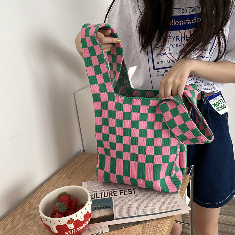 Checked Knitted Handbag With Convenient Hand Bag
