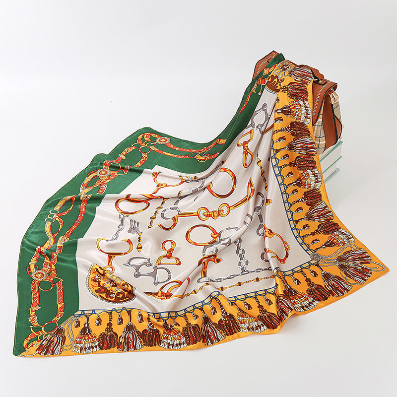 Horseshoe Buckle Stitched Fringed Print Scarf Women's Headscarf
