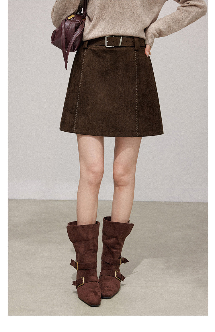 Deerskin Suede Coffee-colored A-line Skirt For Women Autumnwinter
