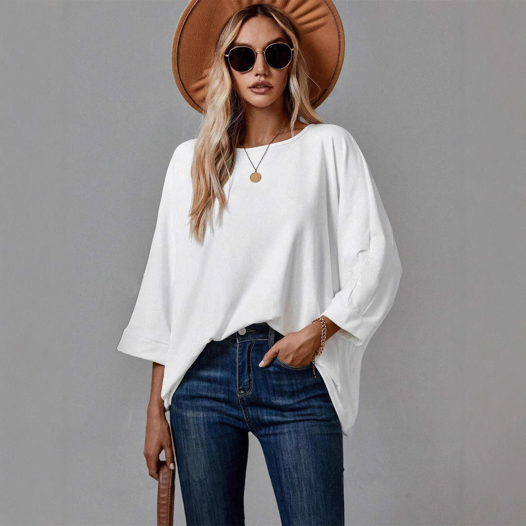Dame ensfarvet pullover T-shirt med rund hals