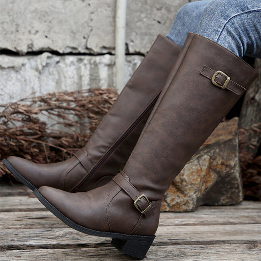 Large Size Thick Heel Square Buckle Test Zipper Boots Women
