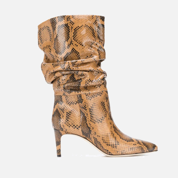 Pointed Toe Stiletto High Heel Snake Print Pleated Mid-top Boots Purple And Silver Women's Boots