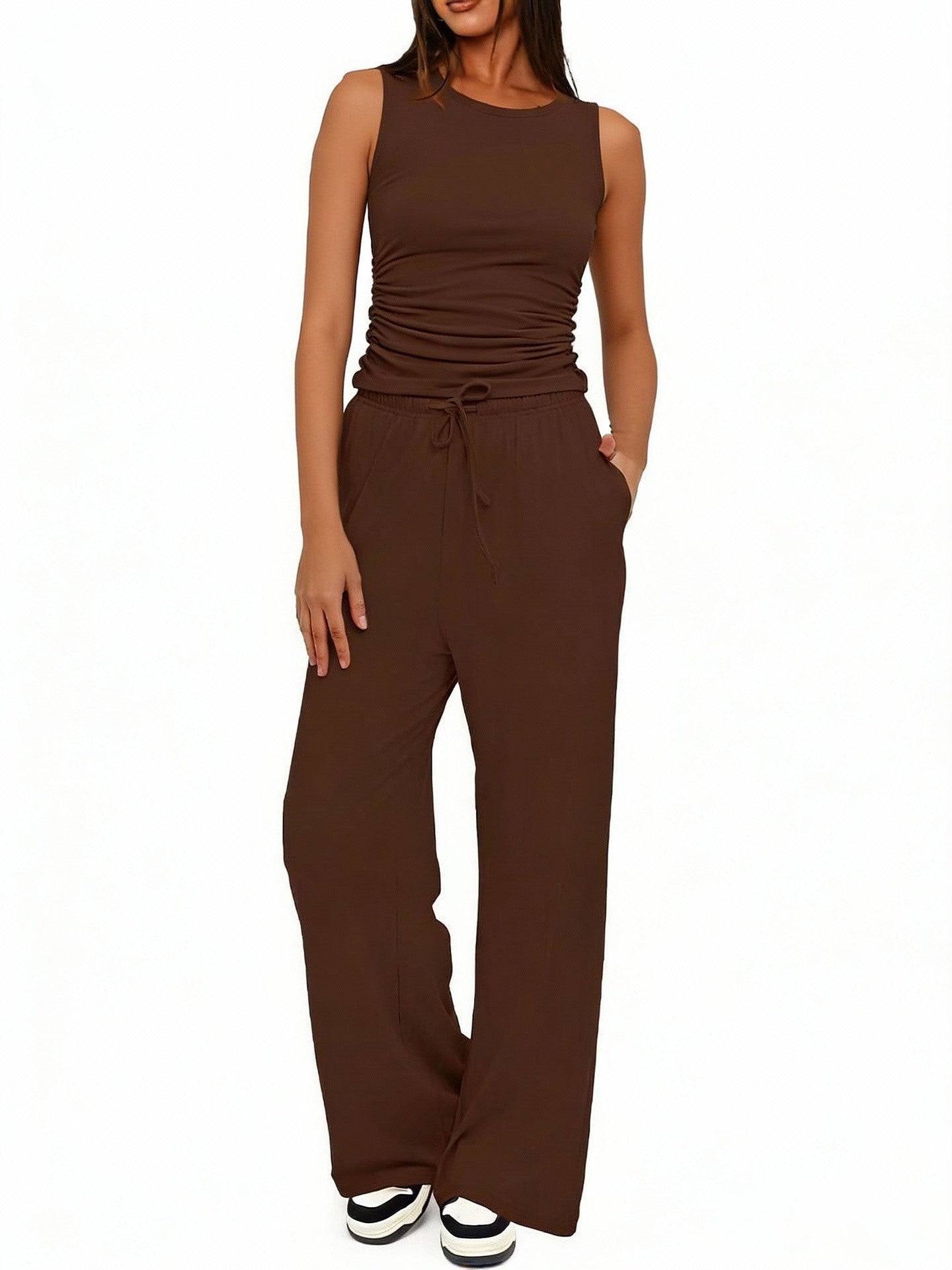 Sleeveless Crewneck Pleated Vest And High-waisted Wide-leg Pants Set
