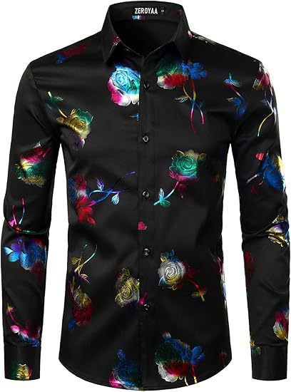 Golden Rose Print Slim Fit Long Sleeve Formal Wear Shirt