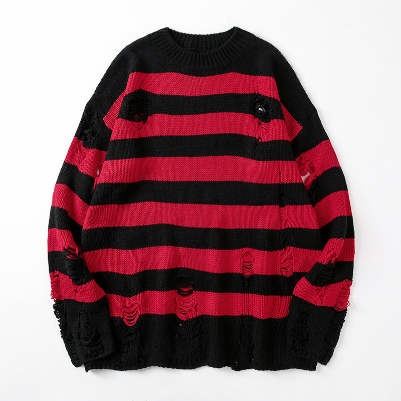 Lovers Ripped Sweater Knitted Round Neckline, Color Matching Outer Wear