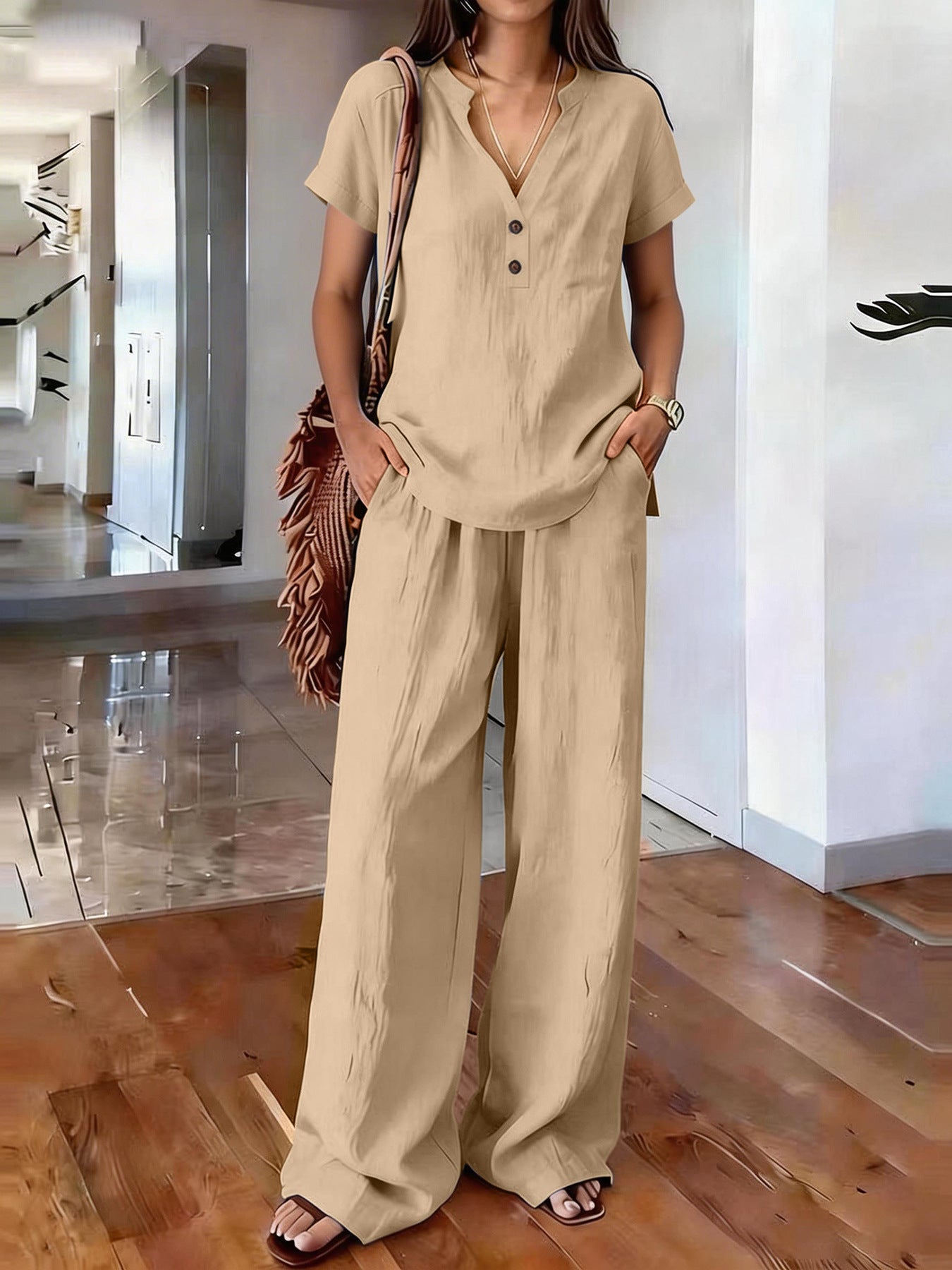 Women's Casual Solid-Colored Cotton And Linen Set