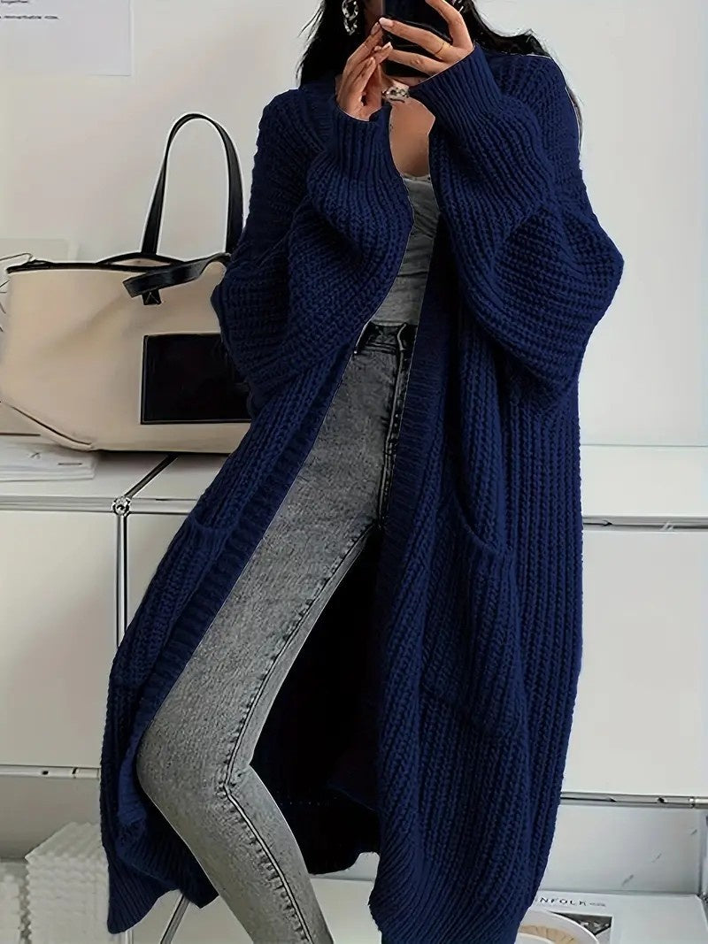 Knitted Long Cardigan With Pockets Fashion All-match Lantern-sleeved Coat