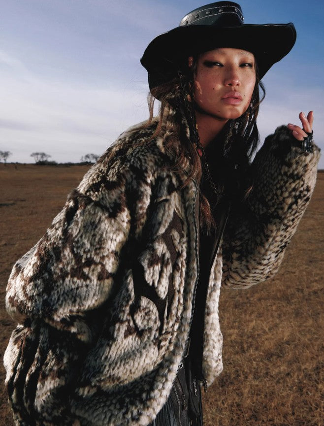 Totem-embroidered Snake-pattern Feathered Eco-friendly Faux Fur Coat