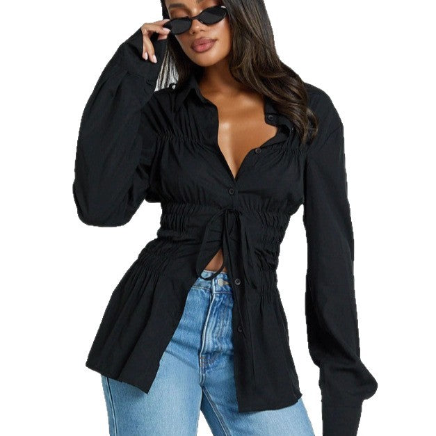 Womens Stylish Elegant Lapel Blouse With Pleated Details And Long Sleeves