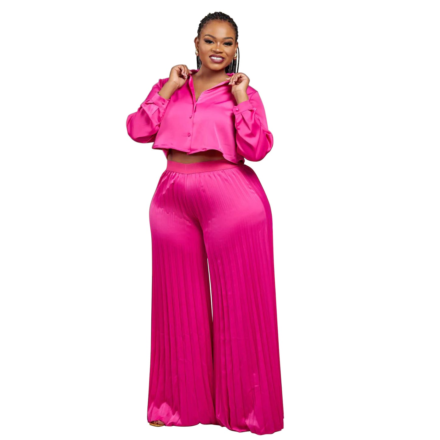 Casual Shirt Top And Wide-leg Pants Pleated Two-piece Set For Export