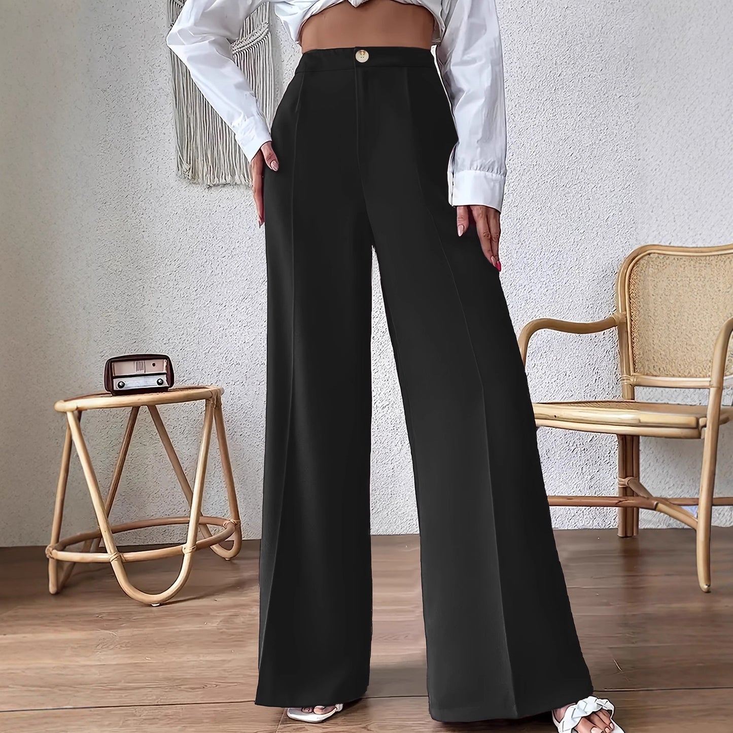 Elegant Buttoned-up Loose-fitting Straight-leg Suit Pants