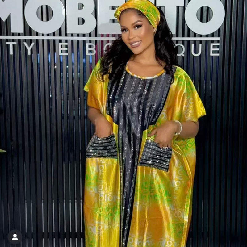Printed Loose Robe Ethnic-Style Rhinestone-Embellished Plus-Size Dress