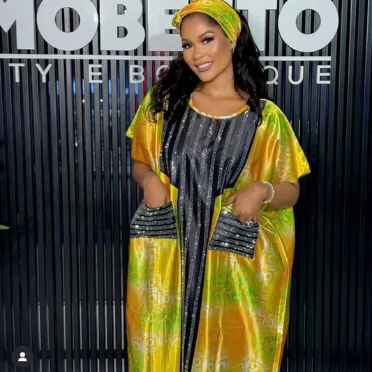 Printed Loose Robe Ethnic-Style Rhinestone-Embellished Plus-Size Dress
