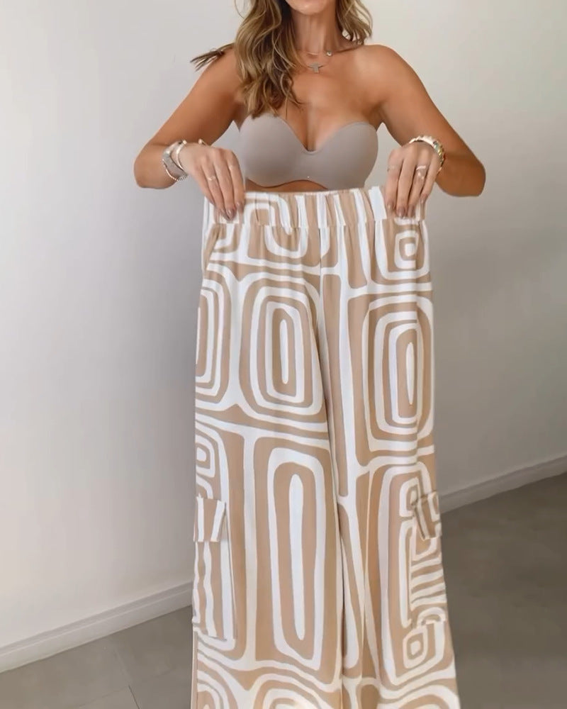 Long-sleeved Lapel Shirt Printed Wide-leg Pants Suit
