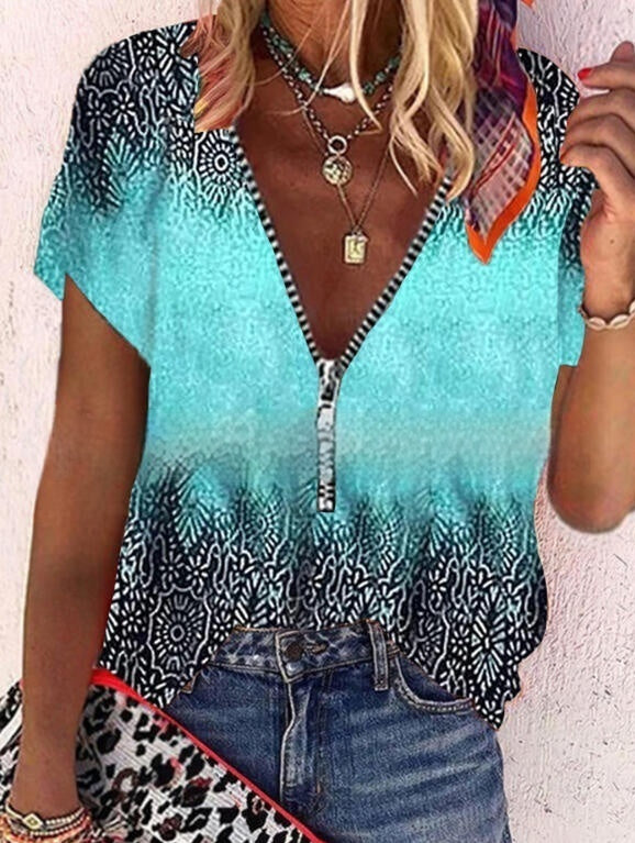 Printed V-neck Short Sleeved Casual Shirt Top