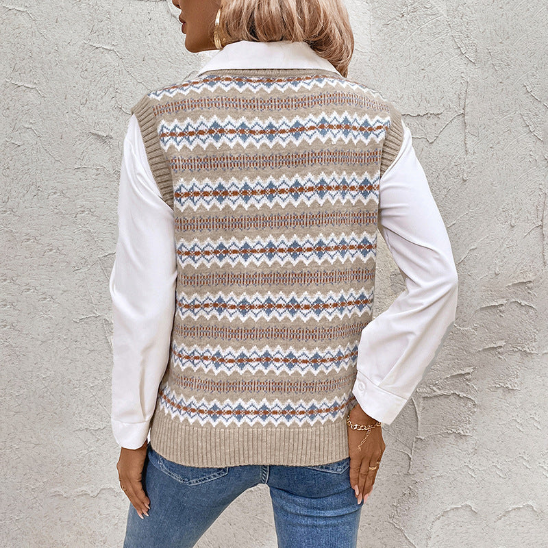 Sleeveless Top Ethnic Style Jacquard Knitted Vest Jacket