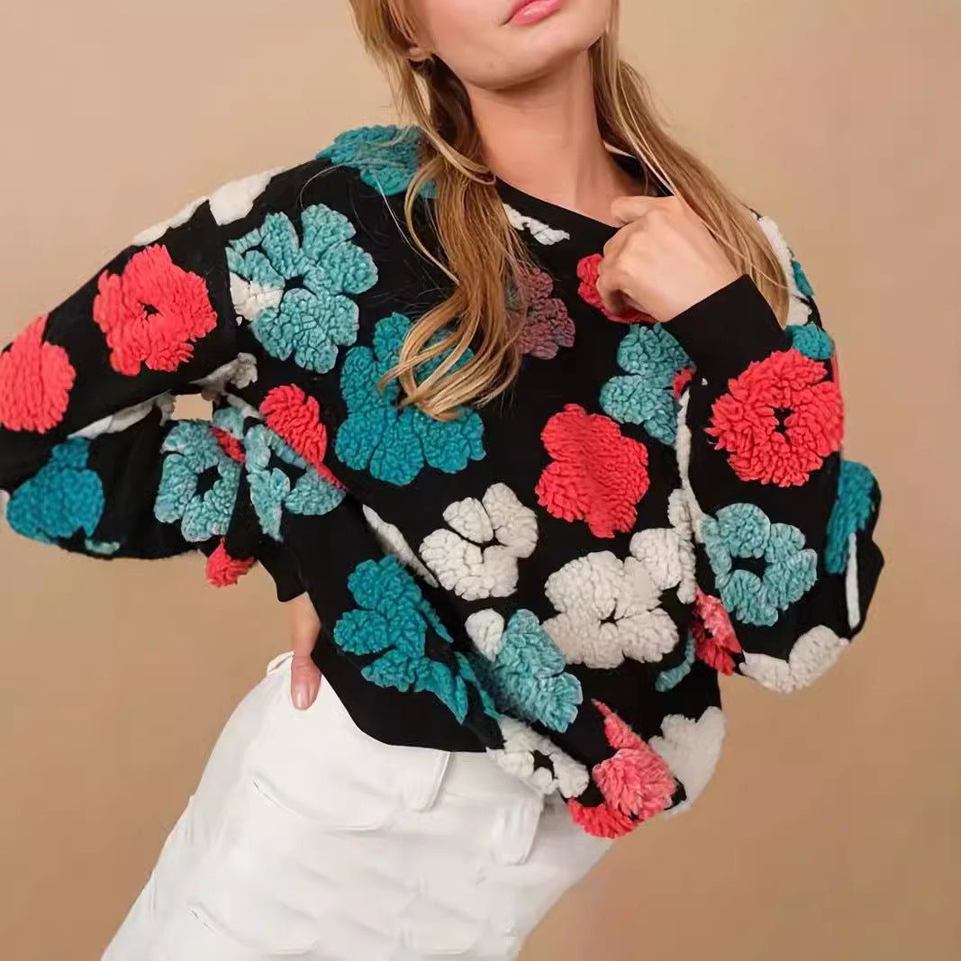 Retro tredimensionel blomsterstrikket, løs temperamentsfuld cashmere-sweater