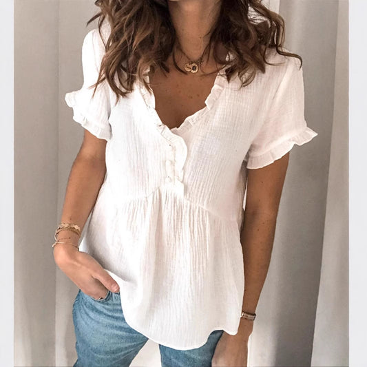 Women's Casual Loose Solid-color Patchwork Short-sleeve Shirt Top