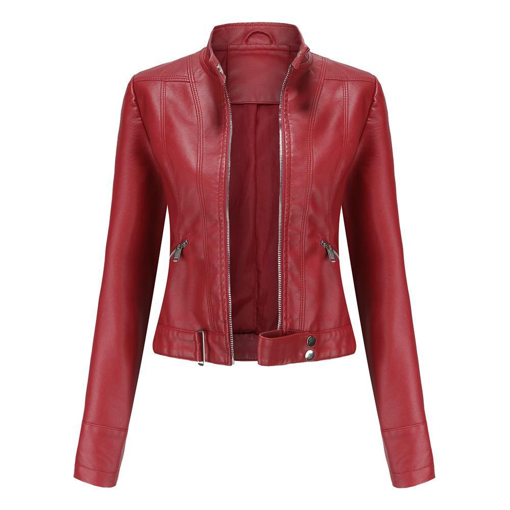 Veste courte en cuir pour femme avec col montant, fine