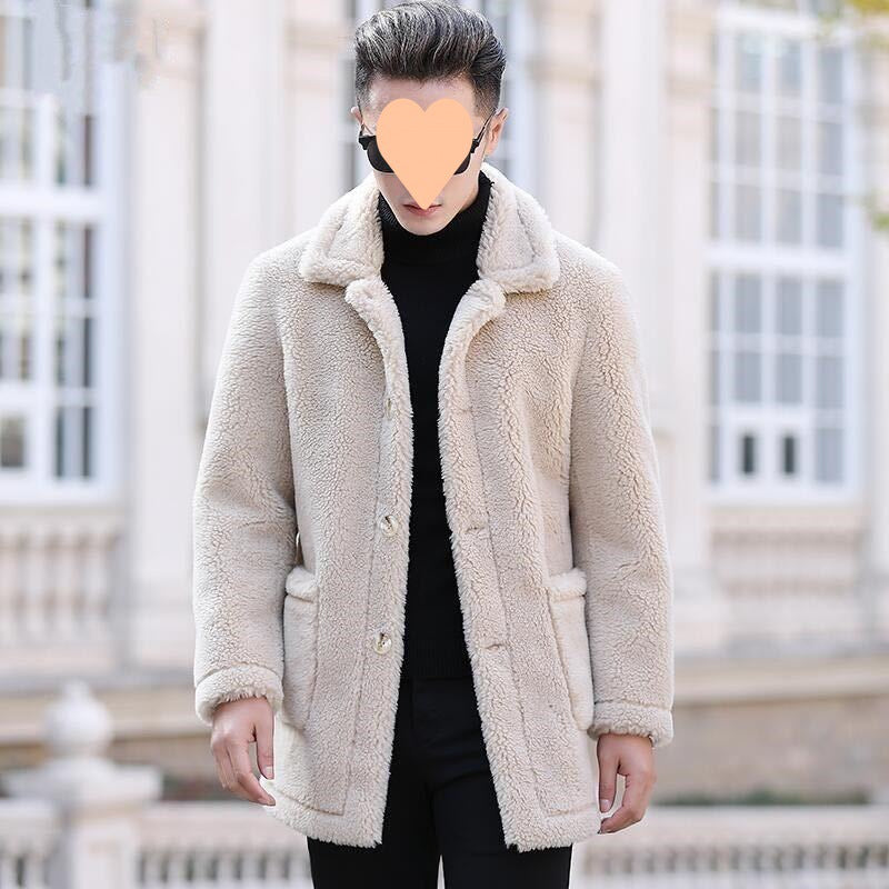 Artificial Lamb Wool Leather Coat Men's Mid-length Warm Coat