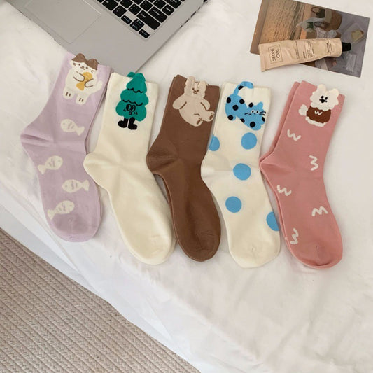Japanese-style Polka-dot Patchwork Pure Cotton Long Socks