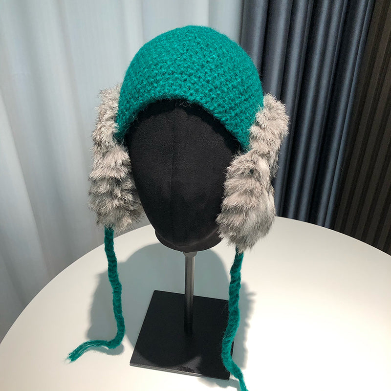Women's Furry Double Ear Protection Rabbit Wool Beanie Hat