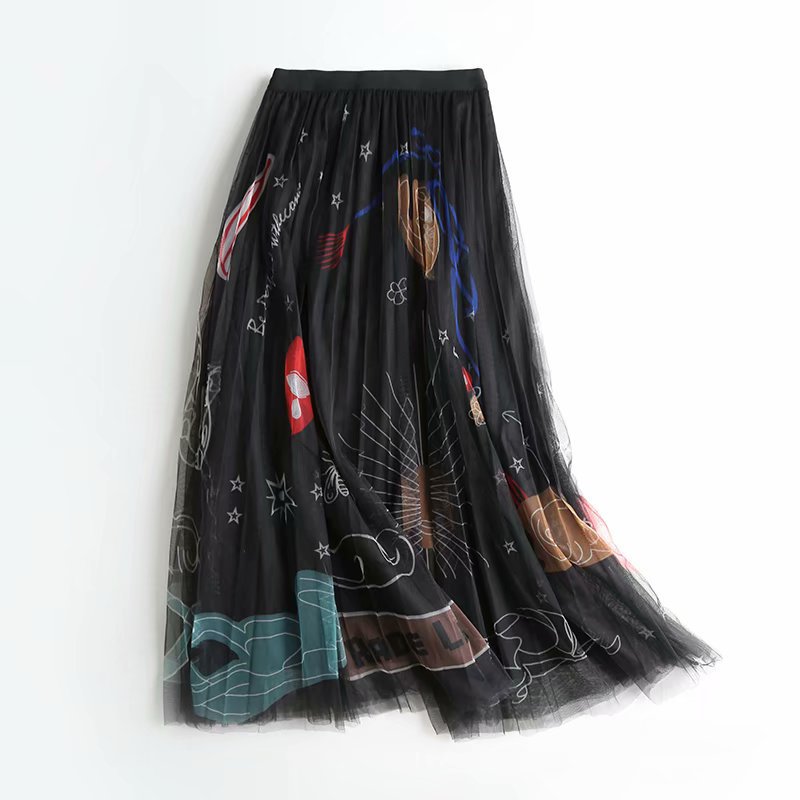 High Waist Slimming Printed Mesh Mid-length Skirt