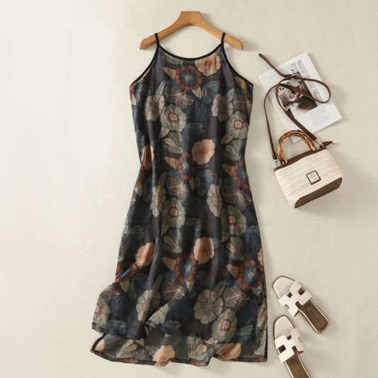 Womens Retro Printed Versatile Strap Maxi Dress