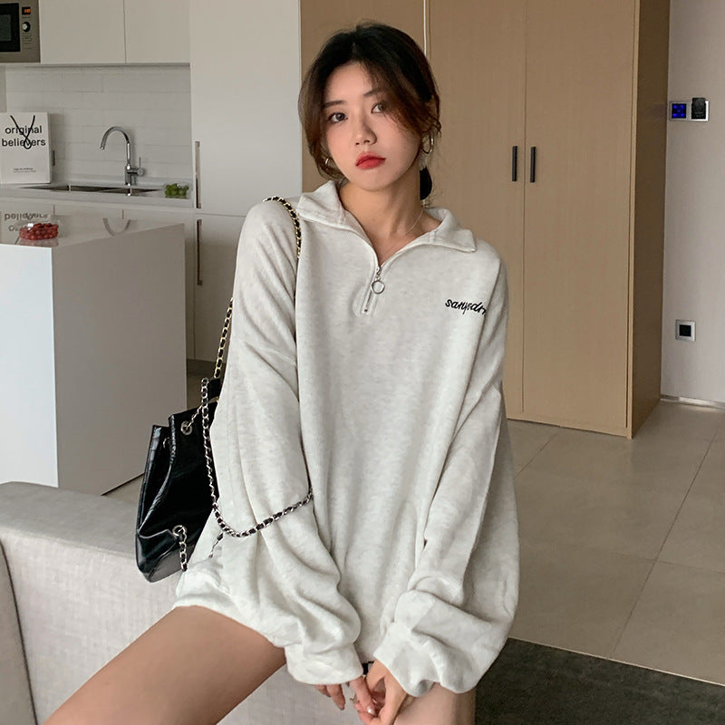 Loose Mid-length Velvet Stand Collar Sweater For Women